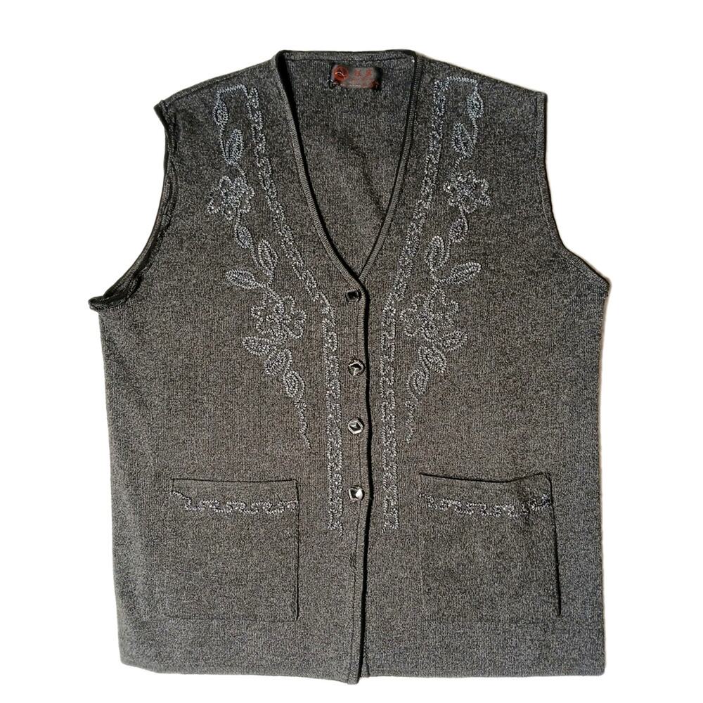 Y2K Vintage Beaded Vest Sweater Sz M Gray Boho Granny Retro Holiday Layer Preppy